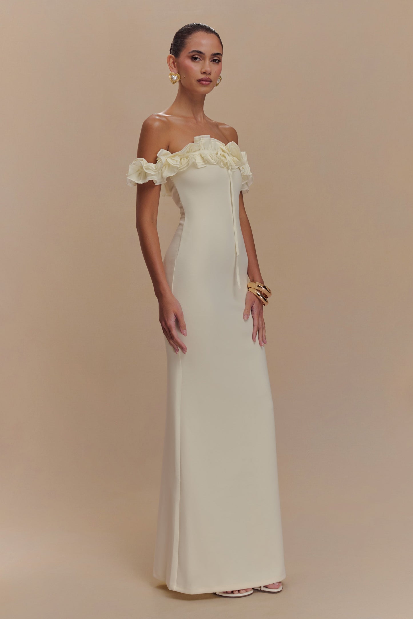 Robe Maxi Nova à Manches Frangées et Épaulettes - Ivoire