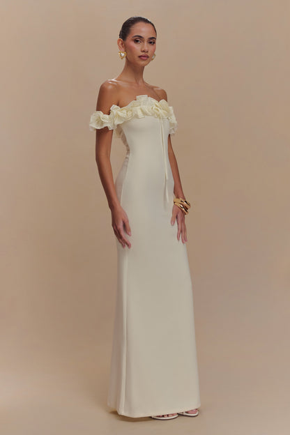 Robe Maxi Nova à Manches Frangées et Épaulettes - Ivoire