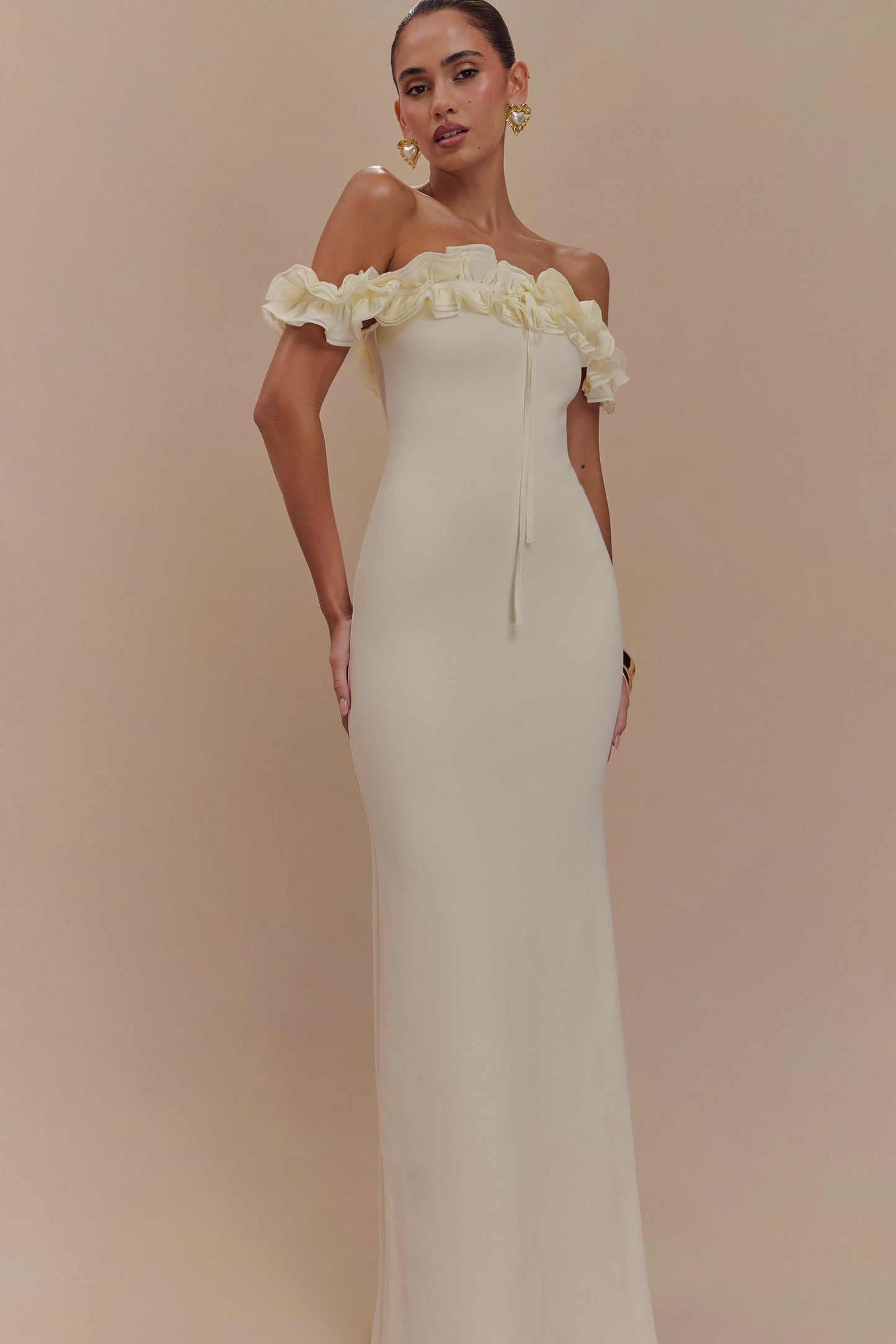 Robe Maxi Nova à Manches Frangées et Épaulettes - Ivoire
