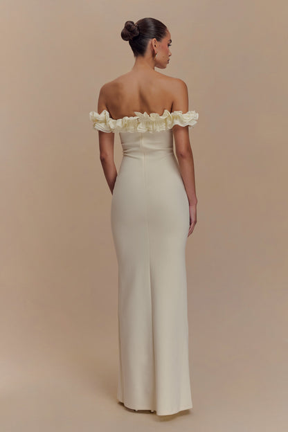 Robe Maxi Nova à Manches Frangées et Épaulettes - Ivoire