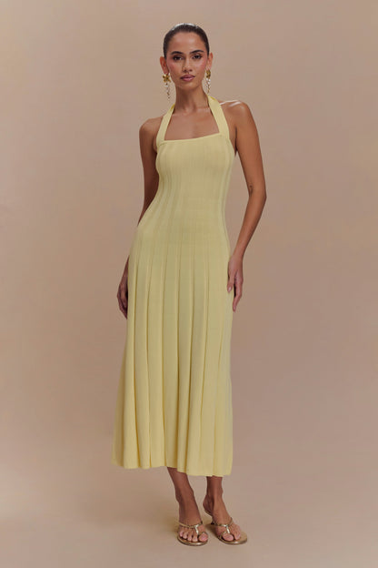 Jacqui Robe Mi-Longue en Tricot à Manches Frangées - Citron