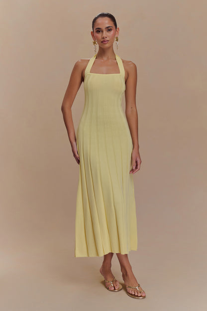 Jacqui Robe Mi-Longue en Tricot à Manches Frangées - Citron