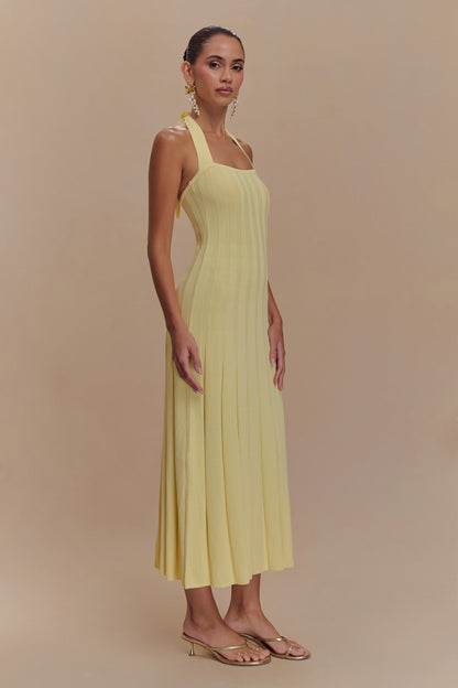 Jacqui Robe Mi-Longue en Tricot à Manches Frangées - Citron