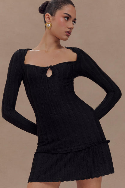 Robe mini à manches longues en pointelle Daphne - Noir