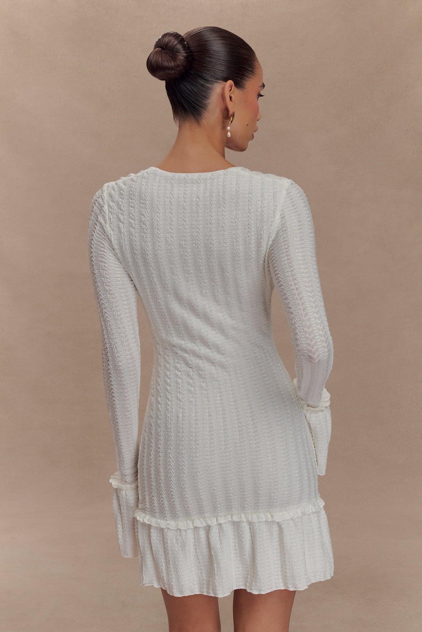 Robe mini à manches longues en pointelle Daphne - Ivoire