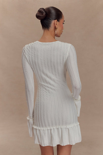 Robe mini à manches longues en pointelle Daphne - Ivoire