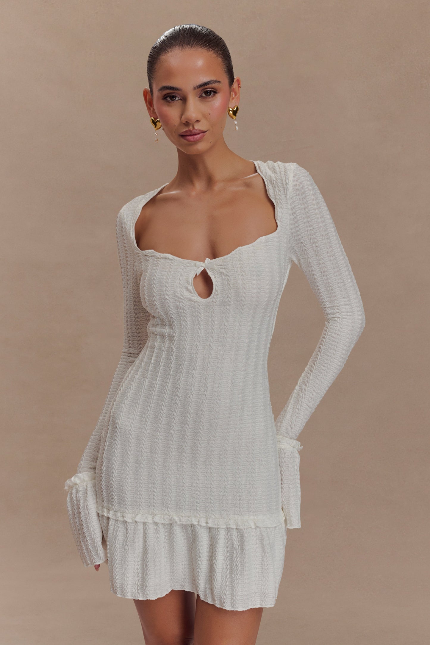 Robe mini à manches longues en pointelle Daphne - Ivoire