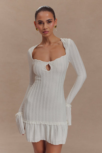 Robe mini à manches longues en pointelle Daphne - Ivoire