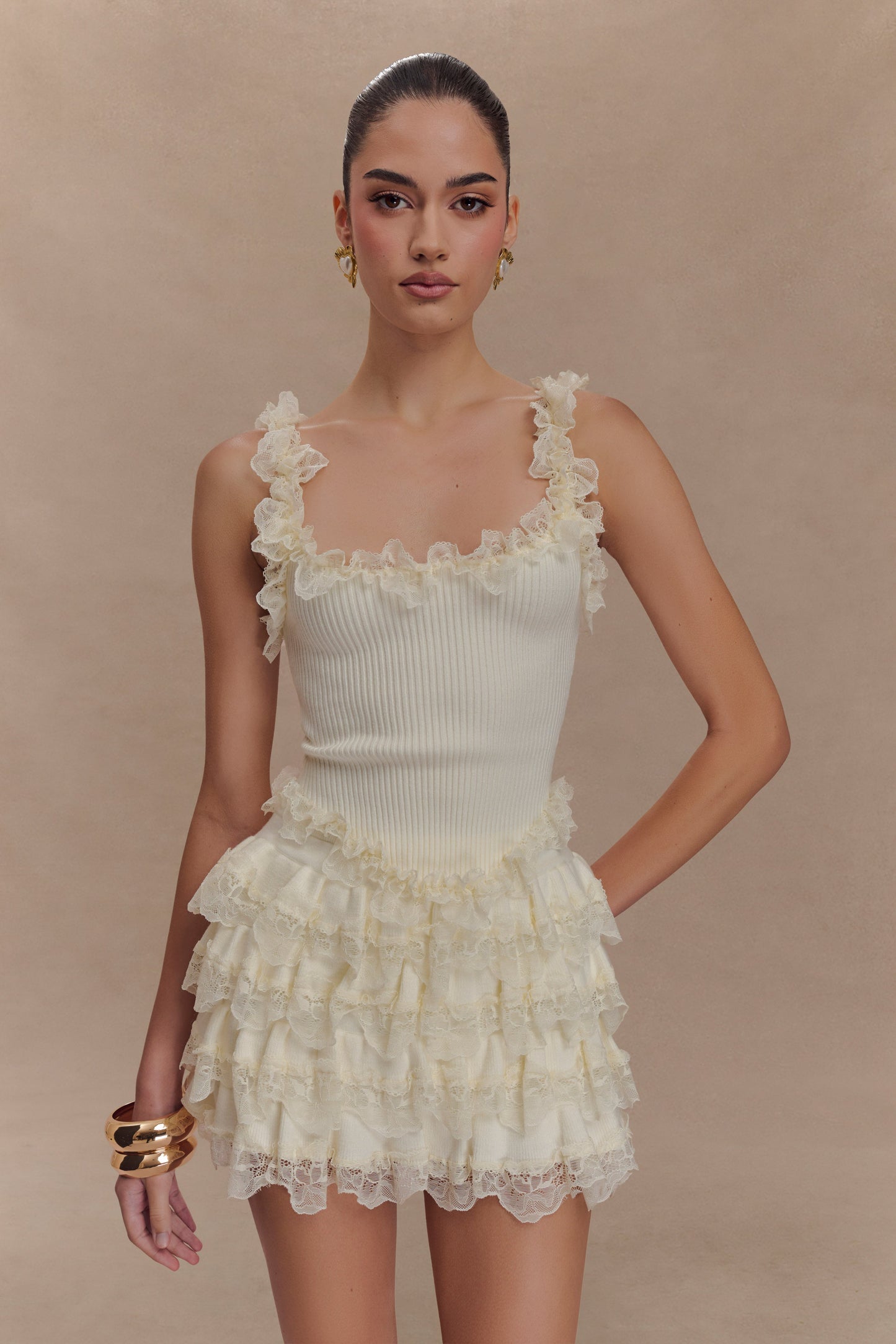 Short-jupe à volants en dentelle Margaret - Crème