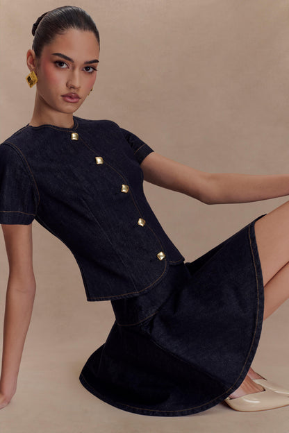 Top en jean à manches courtes et boutons - Bleu indigo délavé