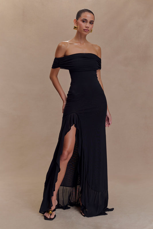 Audrey Robe Maxi en Maille à Manches Décolletées - Noir