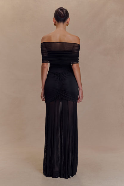 Robe Maxi Décolletée et à Manches en Mousseline et Dentelle - Noir