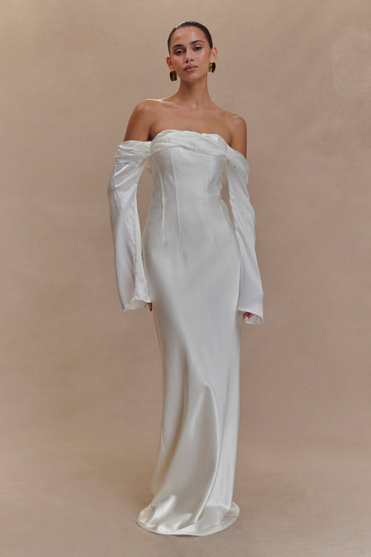 Robe Maxi Giselle à Manches Décolletées et Col Chaudron - Blanc