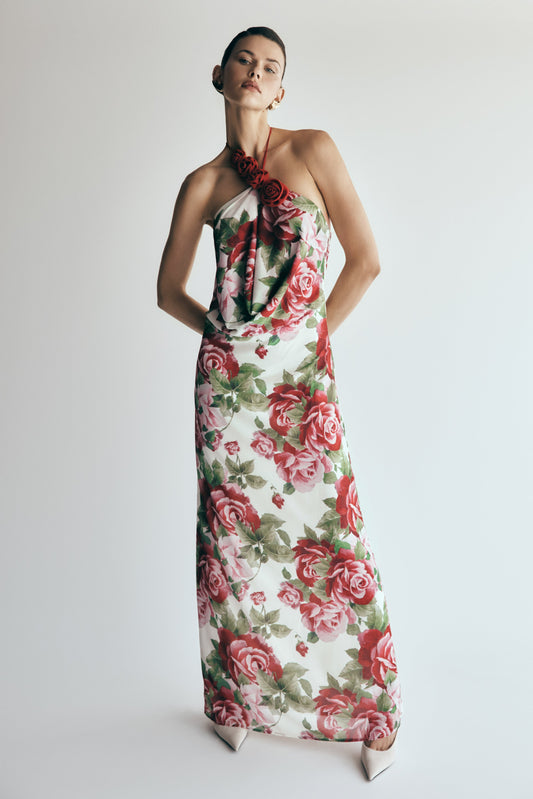 Robe Maxi Col Chandail Rosalia - Imprimé Rose Sonia