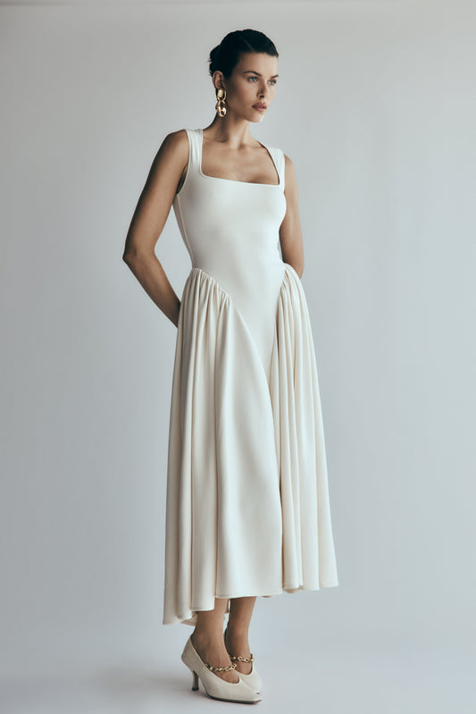 Robe mi-longue en jersey scuba Sharon - Ivoire