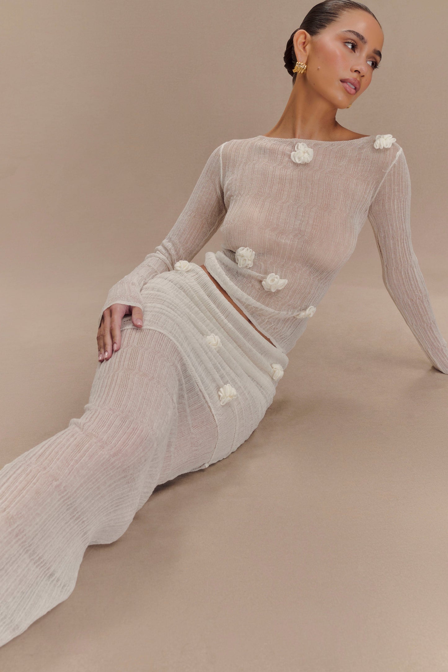 Jupe Maxi Tricotée Motif Orchidée Orianna - Ivoire