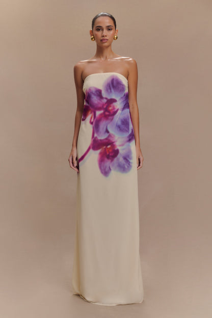 Amaya Robe Maxi en Chiffon sans Bretelles - Imprimé Orchidée Koi Ivoire