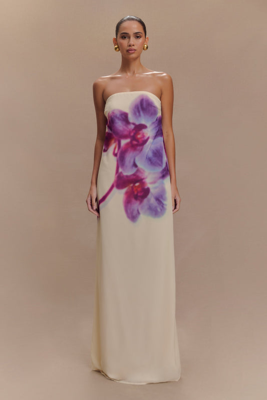 Amaya Robe Maxi en Chiffon sans Bretelles - Imprimé Orchidée Koi Ivoire
