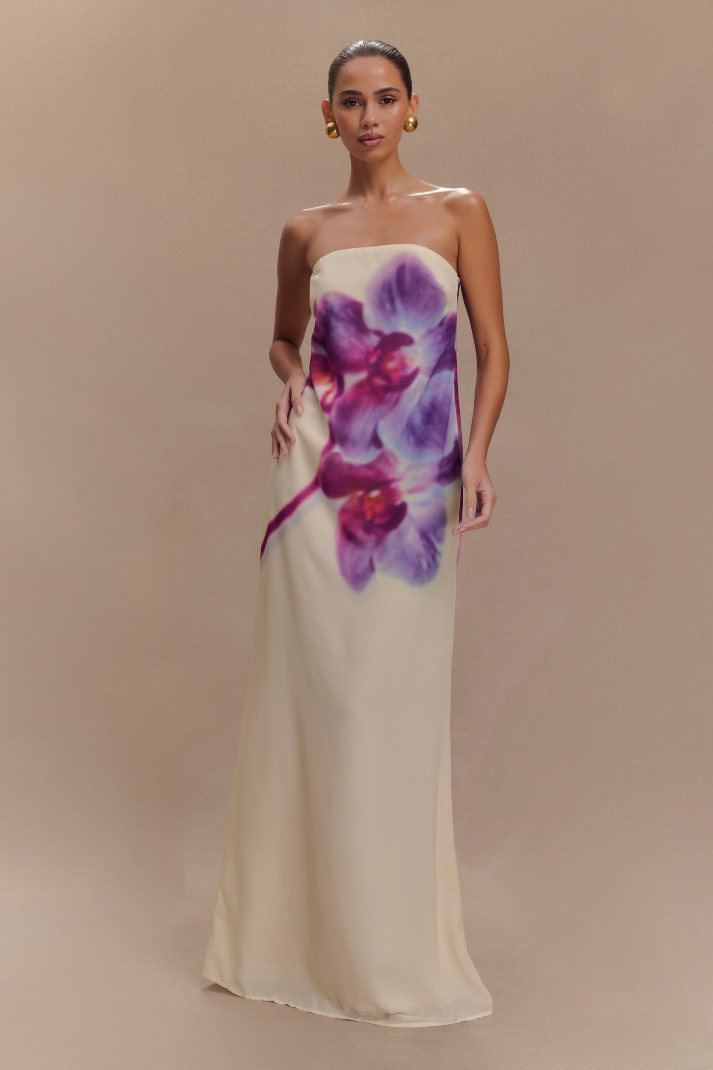 Amaya Robe Maxi en Chiffon sans Bretelles - Imprimé Orchidée Koi Ivoire