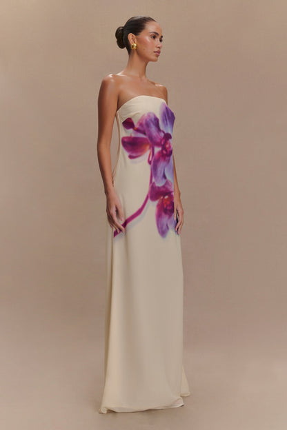 Amaya Robe Maxi en Chiffon sans Bretelles - Imprimé Orchidée Koi Ivoire