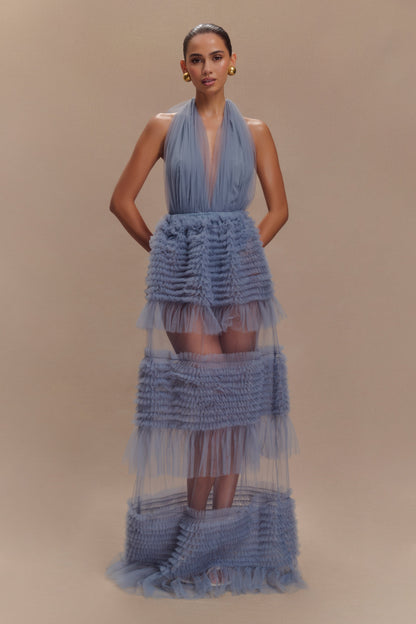 Minka Robe Maxi Halter à Volants en Maille - Bleu Cendré