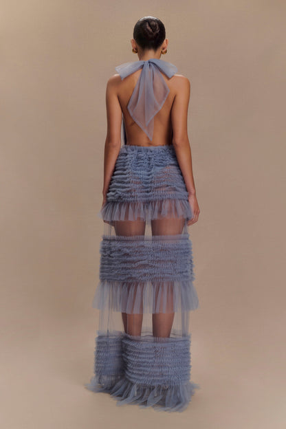 Minka Robe Maxi Halter à Volants en Maille - Bleu Cendré