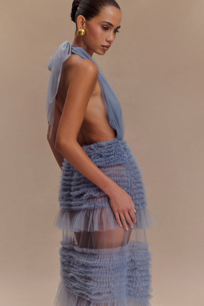 Minka Robe Maxi Halter à Volants en Maille - Bleu Cendré