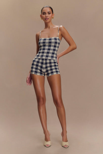 Marcie, haut en tricot sans manches - carreaux bleu marine