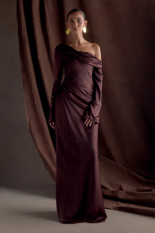 Iris Robe Maxi Satin à Manches Longues - Chocolat Noir