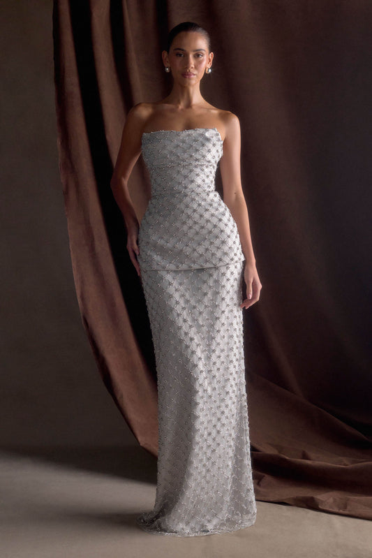 Jupe Maxi Zuri Ornée de Perles Artisanales - Argent
