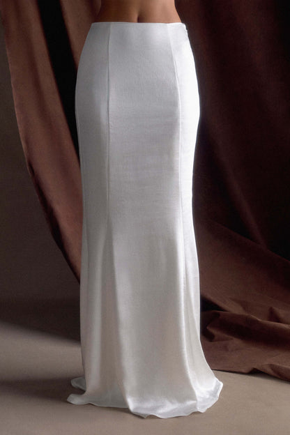 Jupe Maxi Queue de Poisson en Satin Khloe - Blanche
