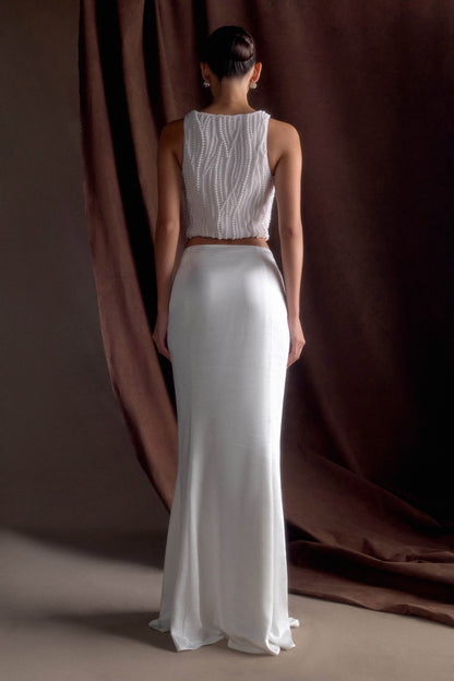 Jupe Maxi Queue de Poisson en Satin Khloe - Blanche