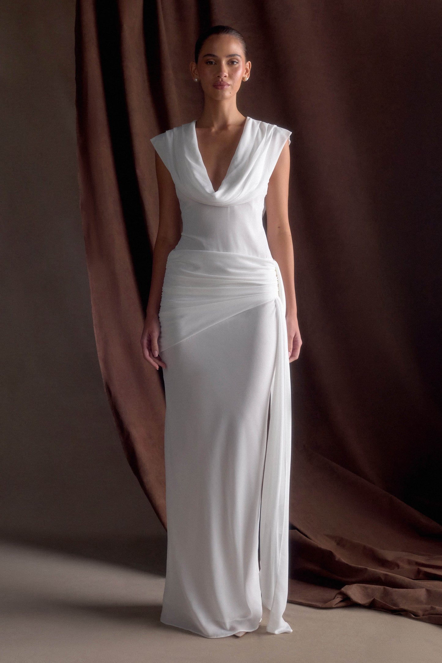 Robe Maxi Giulia en Chiffon à Drapé - Blanche
