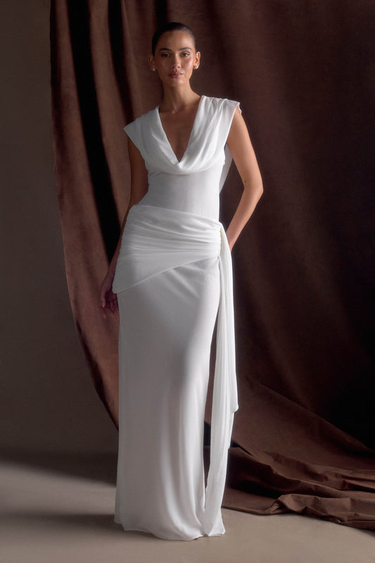 Robe Maxi Giulia en Chiffon à Drapé - Blanche