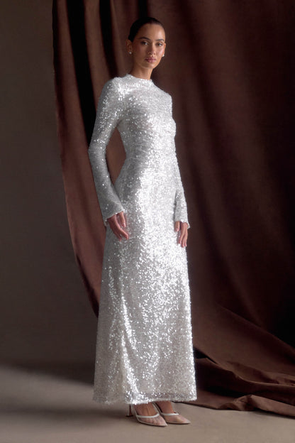 Robe Maxi Sofia à Manches Longues et Paillettes - Blanche