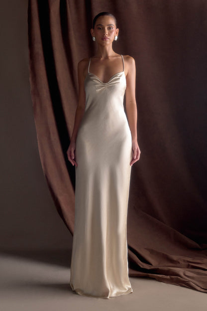 Robe Maxi en Satin à Manches Bouffantes Lilly - Or Poudré