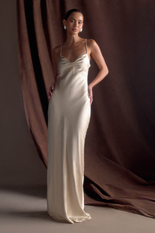 Robe Maxi en Satin à Manches Bouffantes Lilly - Or Poudré