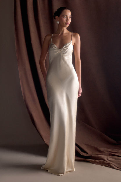 Robe Maxi en Satin à Manches Bouffantes Lilly - Or Poudré