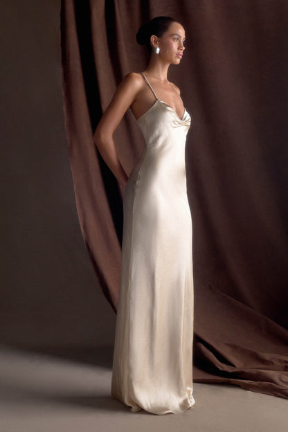 Robe Maxi en Satin à Manches Bouffantes Lilly - Or Poudré