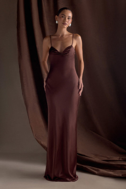 Robe Maxi Satin Lilly Sweetheart - Chocolat Noir
