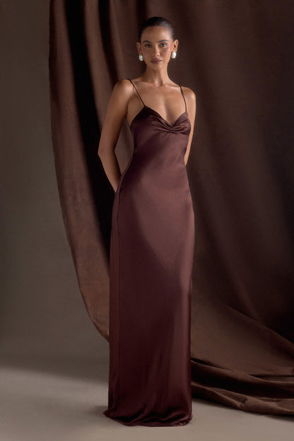 Robe Maxi Satin Lilly Sweetheart - Chocolat Noir