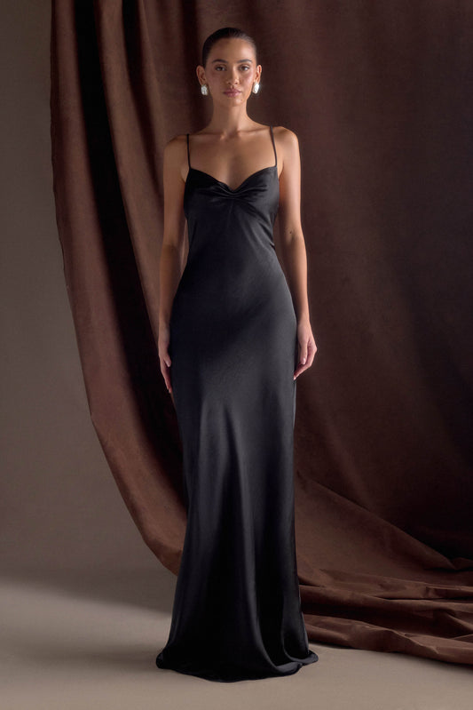 Robe longue satinée à col en cœur Lilly - Noir