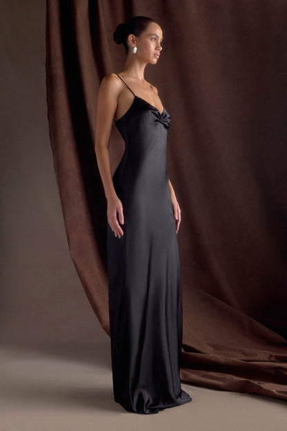 Robe longue satinée à col en cœur Lilly - Noir
