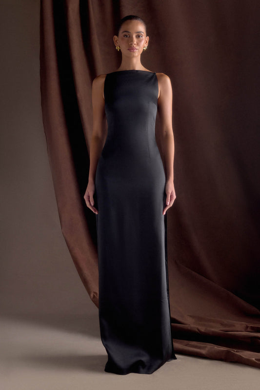 Violet Robe Maxi en Satin Sans Manches - Noir