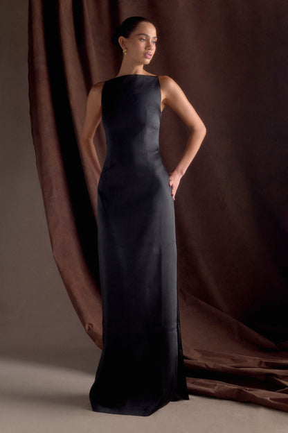 Violet Robe Maxi en Satin Sans Manches - Noir