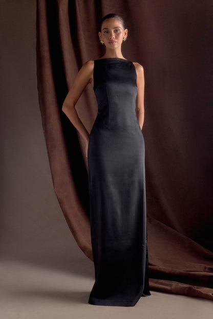 Violet Robe Maxi en Satin Sans Manches - Noir