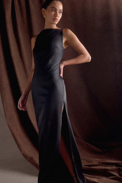 Violet Robe Maxi en Satin Sans Manches - Noir