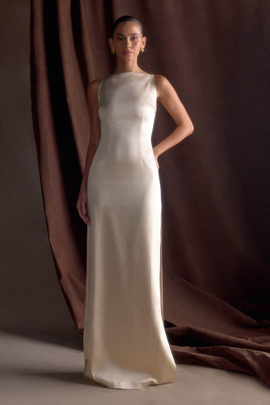 Robe Maxi en Satin Violet Sans Manches - Or Poudré