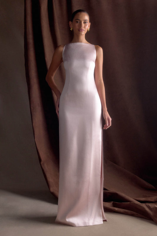 Violet Robe Maxi en Satin Sans Manches - Rose Poudré