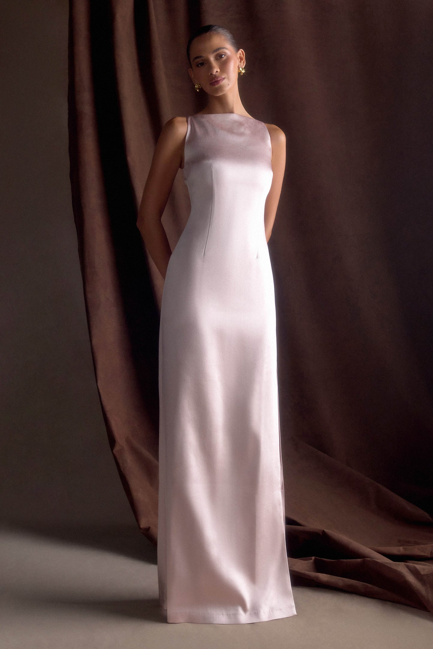 Violet Robe Maxi en Satin Sans Manches - Rose Poudré